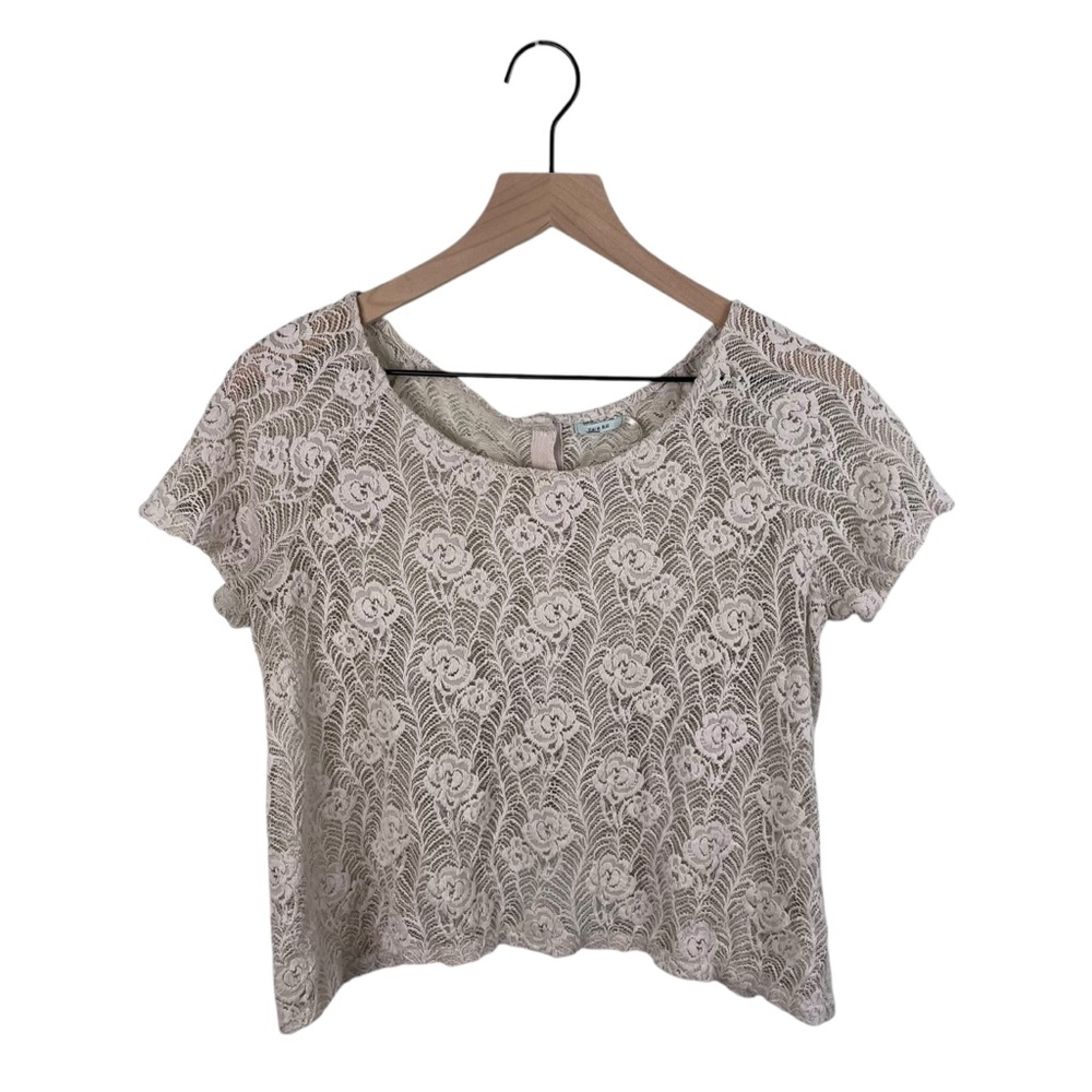 Kimchi Blue Floral Crochet Lace Button Back Short Sleeve Crop Top Boho Medium - Picture 8 of 9